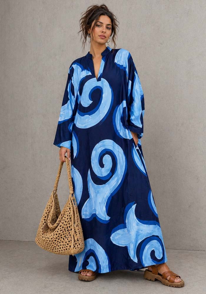 φόρεμα καφτάνι maxi cotton Madagascar μπλε