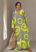 Maxi γκρι oversized kaftan φόρεμα Madagascar από βαμβάκι με abstract print.