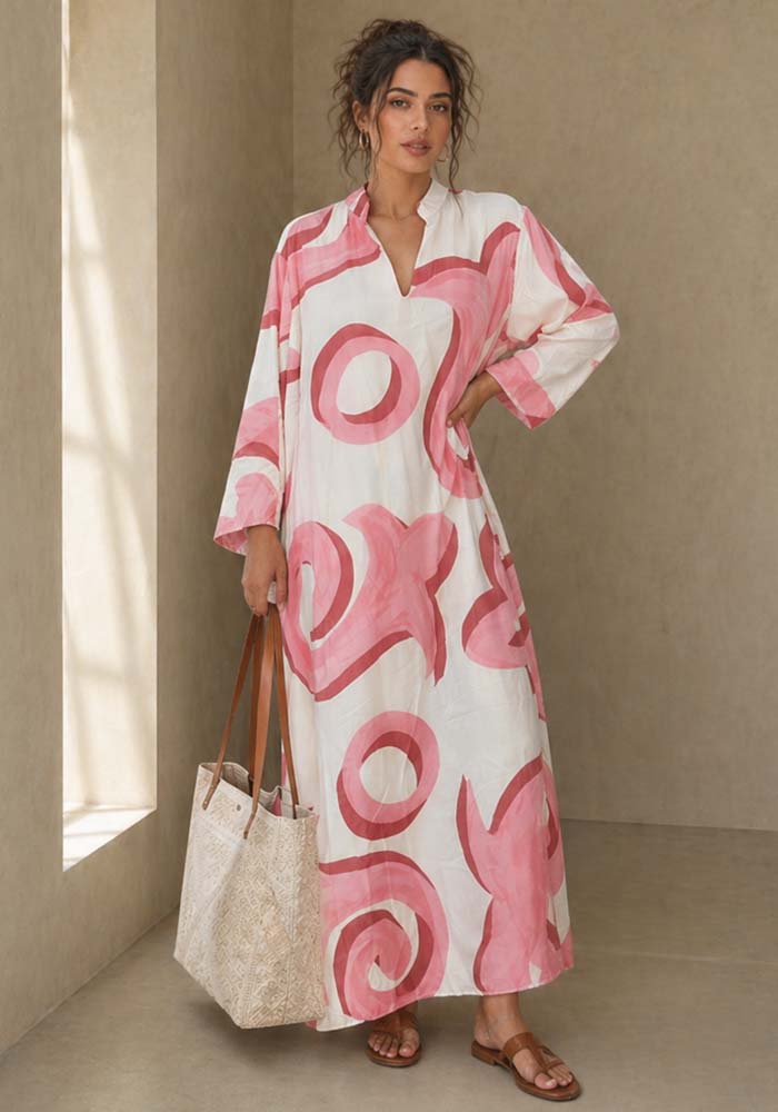 φόρεμα καφτάνι maxi cotton Madagascar ροζ