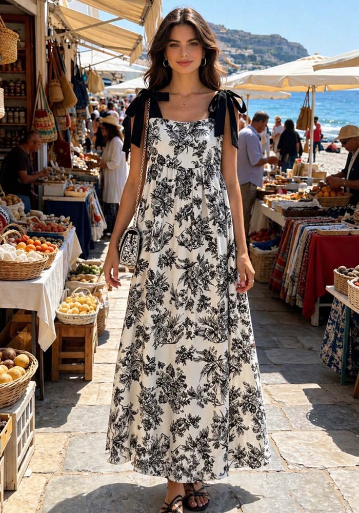 Maxi φόρεμα Porcelain με μαύρο floral σχέδιο, δετές τιράντες και ελαστική μέση.