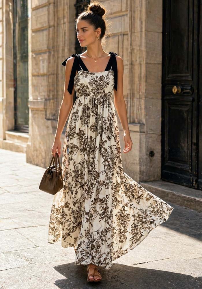 Maxi φόρεμα Porcelain με καφέ floral σχέδιο, δετές τιράντες και ελαστική μέση.