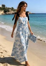 Maxi φόρεμα Porcelain με σιέλ floral σχέδιο, δετές τιράντες και ελαστική μέση.