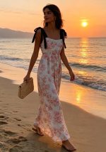 Maxi φόρεμα Porcelain με ροζ floral σχέδιο, δετές τιράντες και ελαστική μέση