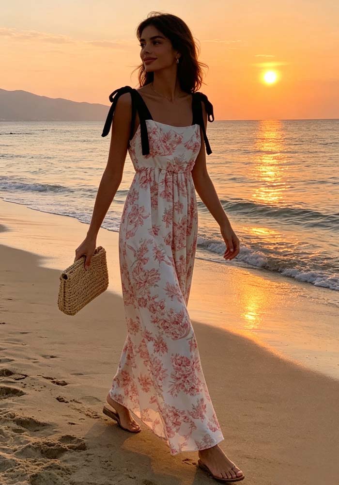 Maxi φόρεμα Porcelain με ροζ floral σχέδιο, δετές τιράντες και ελαστική μέση