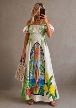 Maxi λινό φόρεμα Wow με bardot λαιμόκοψη και εντυπωσιακό print