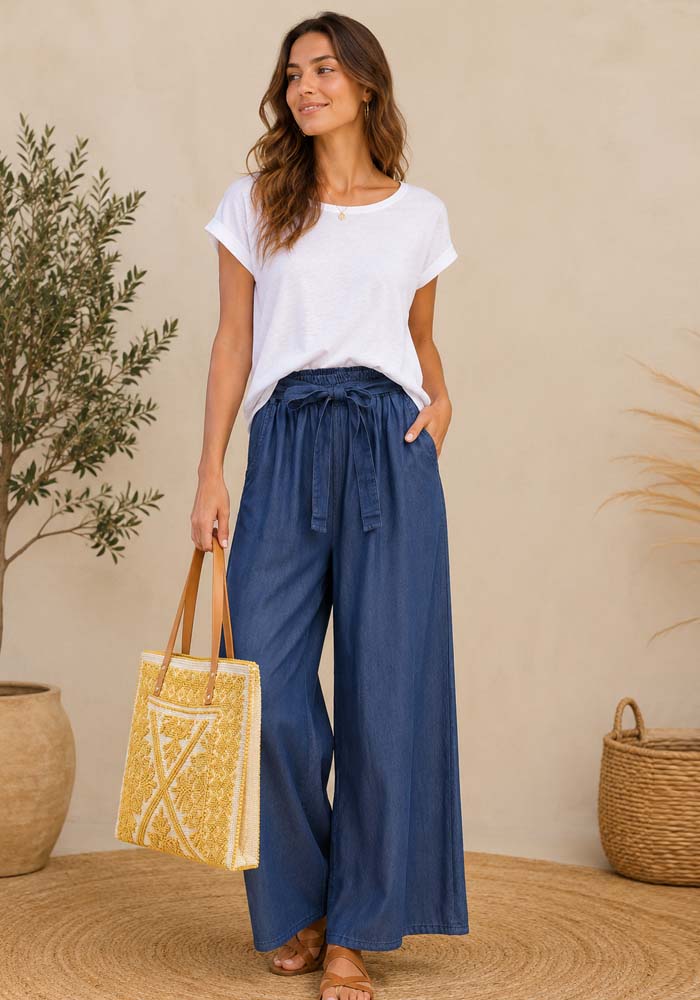 Wide leg παντελόνα Lea από 100% lyocell με denim όψη, ελαστική μέση και άνετη εφαρμογή