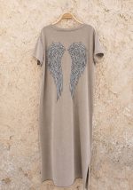 Μπεζ βαμβακερό midi φόρεμα Angel με φτερά στην πλάτη, V λαιμόκοψη και ίσια γραμμή