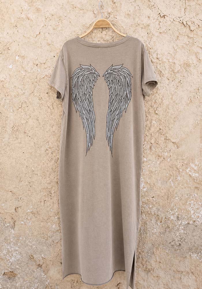 Μπεζ βαμβακερό midi φόρεμα Angel με φτερά στην πλάτη, V λαιμόκοψη και ίσια γραμμή