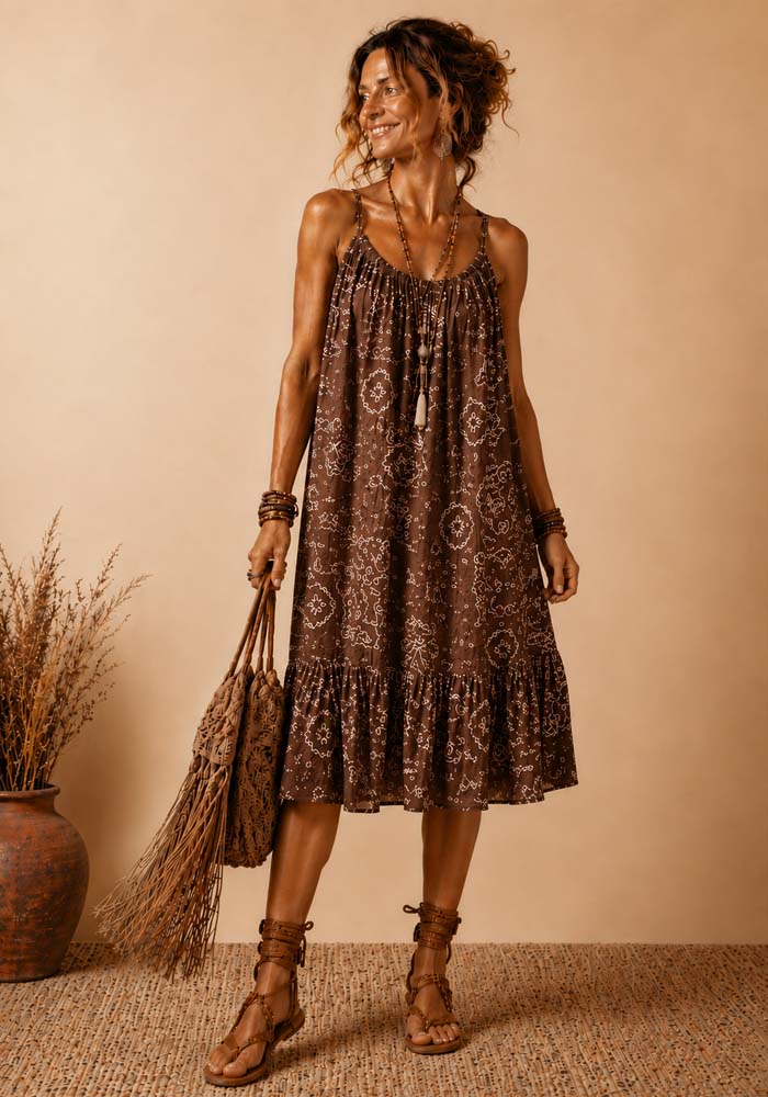 Boho καφέ mini φόρεμα Bandana από 100% cotton γκοφρέ με paisley print σε chocolate απόχρωση