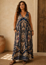 Boho maxi φόρεμα Baroque με paisley print σε μπλε και γήινες αποχρώσεις
