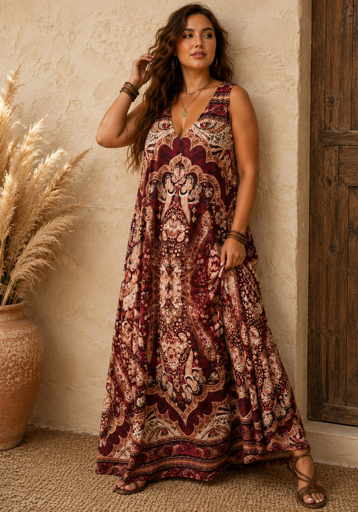 Boho maxi φόρεμα Baroque με paisley print σε κεραμιδί και εκρού αποχρώσεις.