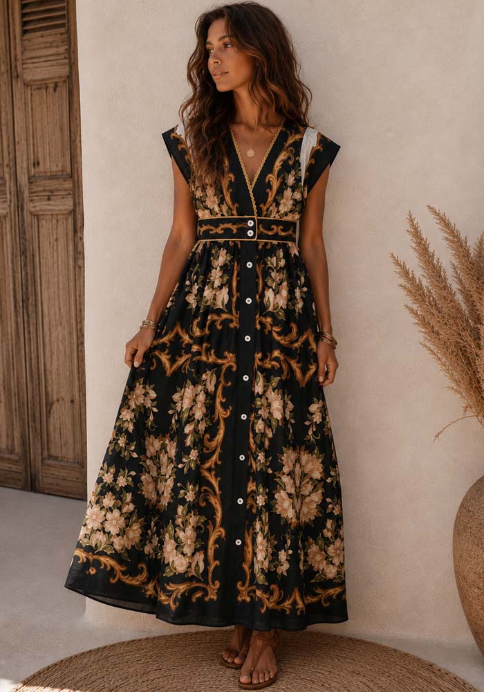 Maxi φόρεμα Belleza με romantic floral και baroque print σε μαύρη απόχρωση, V ντεκολτέ, κουμπιά και σφηκοφωλιά στη μέση