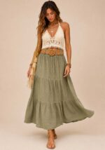 Boho maxi φούστα Gause από cotton stonewashed ύφασμα σε sage green απόχρωση με βολάν και άνετη elastic μέση