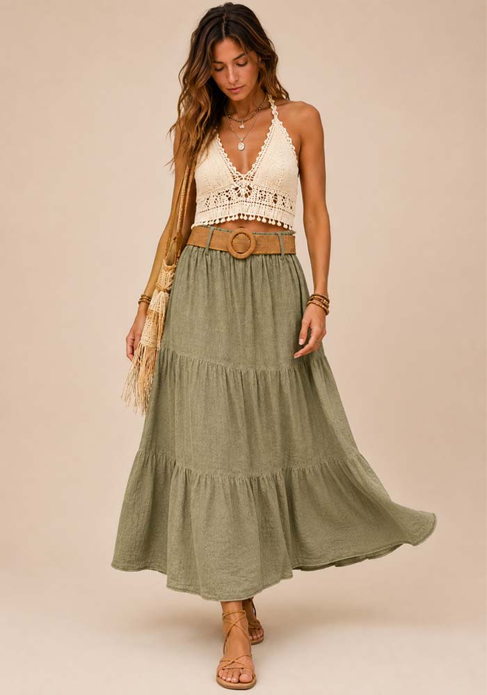 Boho maxi φούστα Gause από cotton stonewashed ύφασμα σε sage green απόχρωση με βολάν και άνετη elastic μέση