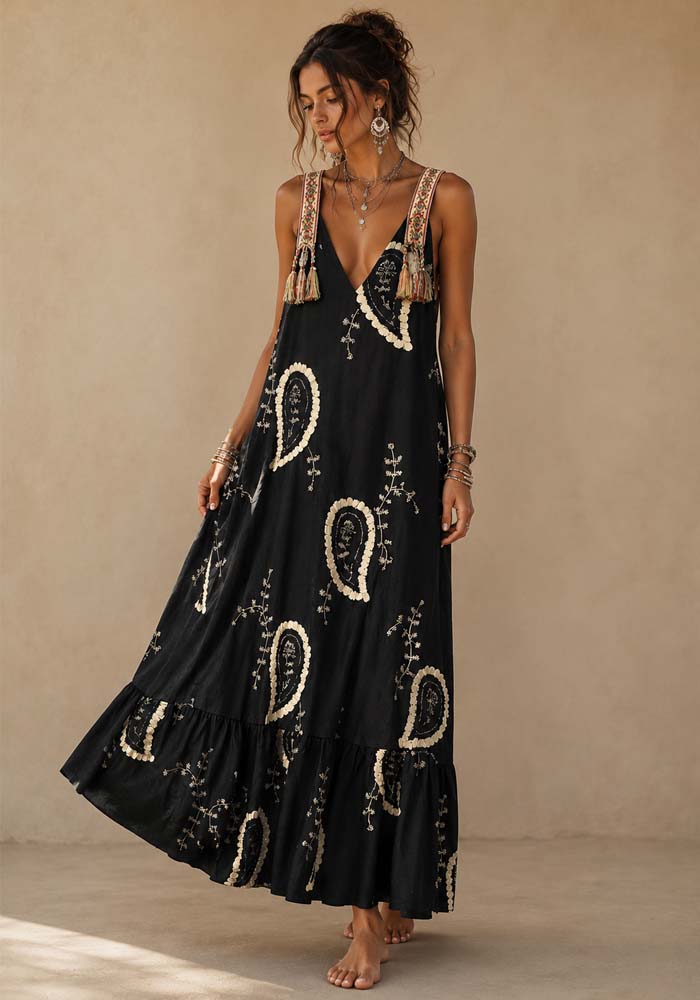 Boho maxi φόρεμα Inkas από 100% cotton με embroidered paisley λεπτομέρειες