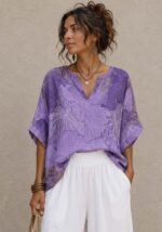 Λιλά boho μπλούζα Japanesk σε λινό ύφασμα με botanical print, oversized γραμμή