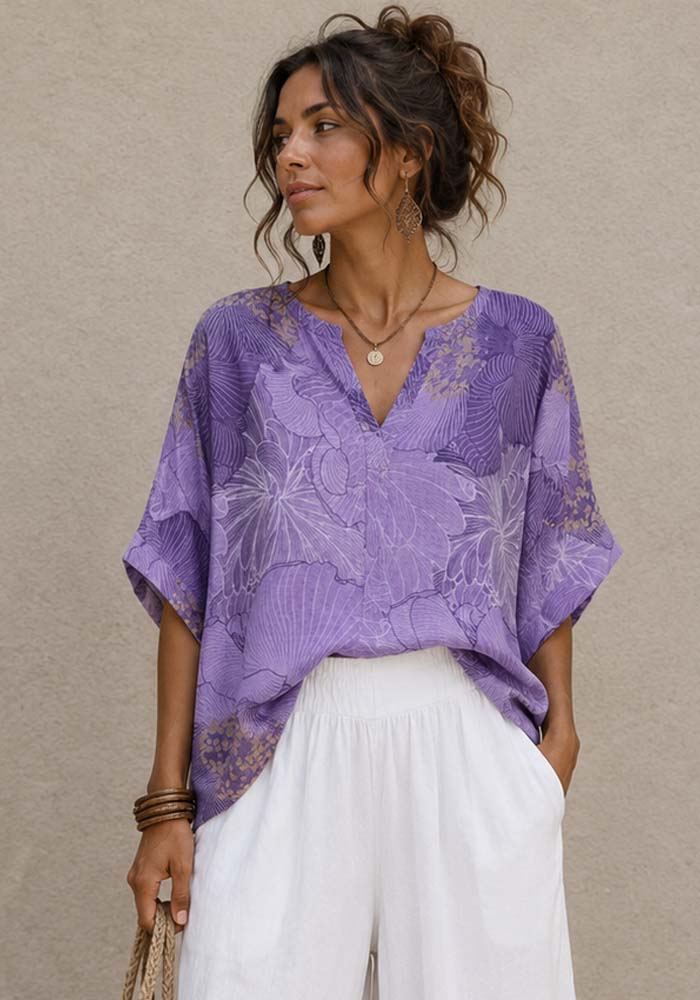 Λιλά boho μπλούζα Japanesk σε λινό ύφασμα με botanical print, oversized γραμμή
