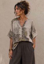 Πούρο boho μπλούζα Japanesk σε λινό ύφασμα με botanical print, oversized γραμμή