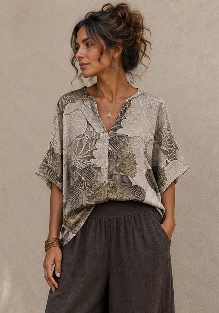 Πούρο boho μπλούζα Japanesk σε λινό ύφασμα με botanical print, oversized γραμμή