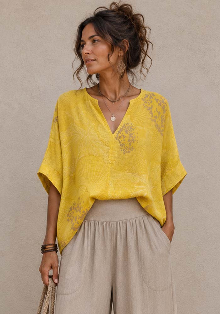 Κίτρινη boho μπλούζα Japanesk σε λινό ύφασμα με botanical print, oversized γραμμή