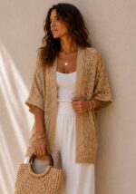 Lurex πλεκτή διάτρητη ζακέτα Japonais σε χρυσή απόχρωση με boho αισθητική