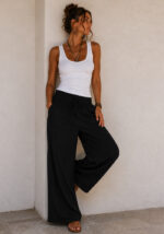Boho cotton μαύρο παντελόνα Mexico με λάστιχο στη μέση, κορδόνι προσαρμογής και φαρδιά γραμμη