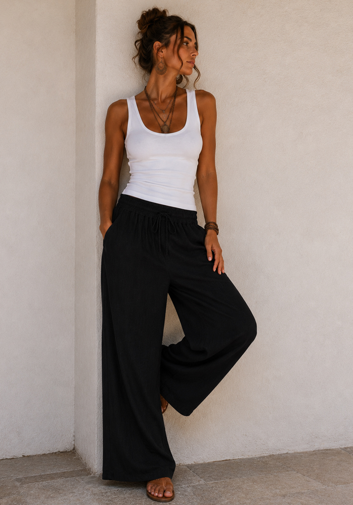 Boho cotton μαύρο παντελόνα Mexico με λάστιχο στη μέση, κορδόνι προσαρμογής και φαρδιά γραμμη
