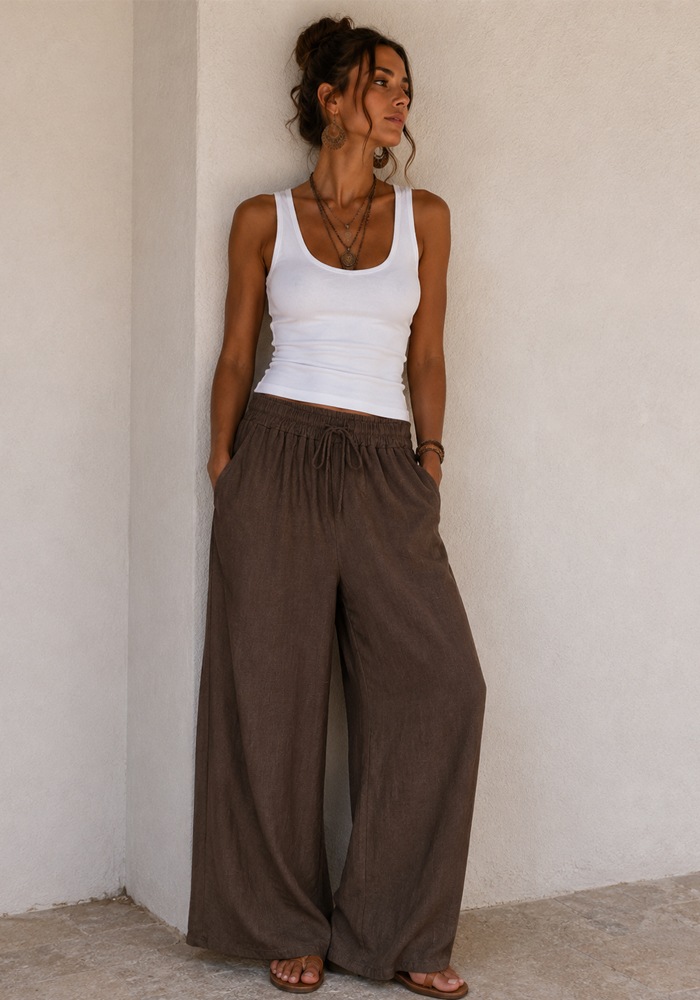 Boho cotton καφέ παντελόνα Mexico με λάστιχο στη μέση, κορδόνι προσαρμογής και φαρδιά γραμμη