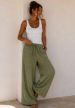Boho cotton χακί παντελόνα Mexico με λάστιχο στη μέση, κορδόνι προσαρμογής και φαρδιά γραμμη.