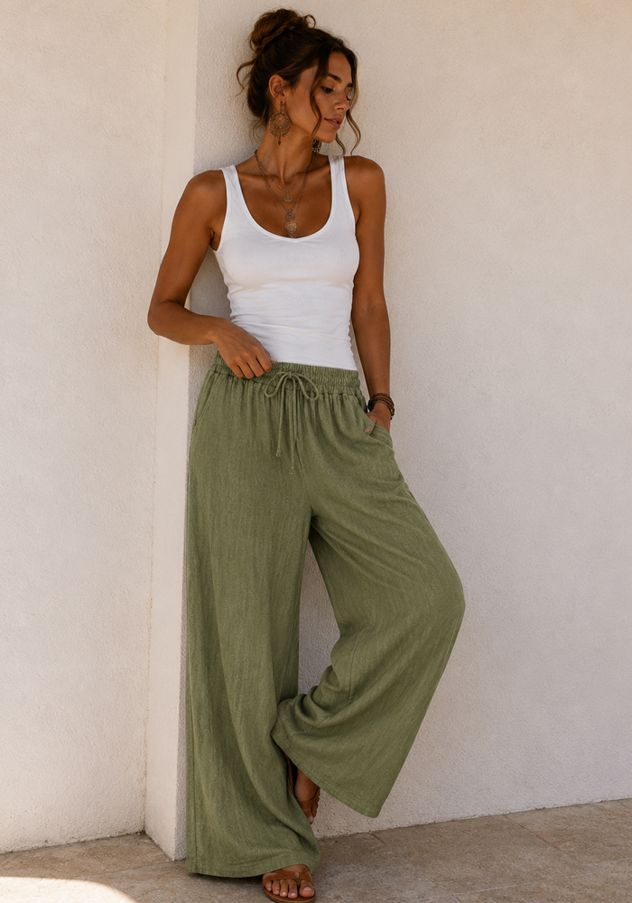 Boho cotton χακί παντελόνα Mexico με λάστιχο στη μέση, κορδόνι προσαρμογής και φαρδιά γραμμη.