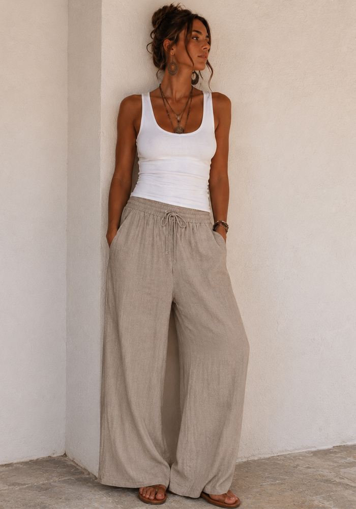 Boho cotton πούρο παντελόνα Mexico με λάστιχο στη μέση, κορδόνι προσαρμογής και φαρδιά γραμμη