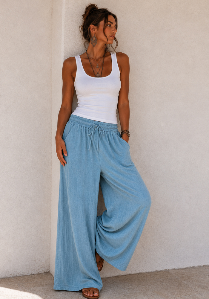 Boho cotton ραφ παντελόνα Mexico με λάστιχο στη μέση, κορδόνι προσαρμογής και φαρδιά γραμμη.