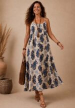 Maxi plus size εμπριμέ φόρεμα Paisley με paisley print σε navy και μπεζ αποχρώσεις