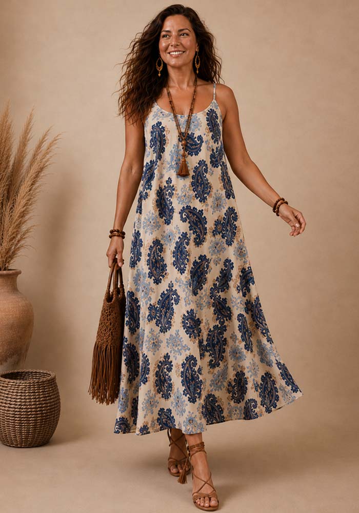 Maxi plus size εμπριμέ φόρεμα Paisley με paisley print σε navy και μπεζ αποχρώσεις