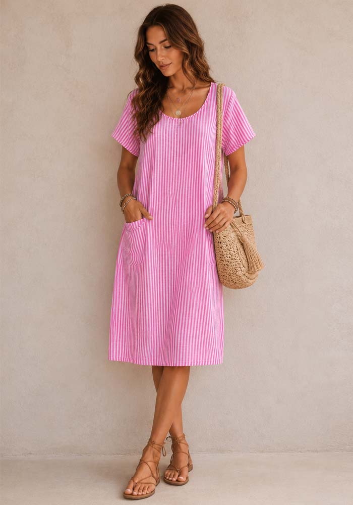 Ριγέ midi φόρεμα Nautical σε φούξια με λευκό, από cotton linen ύφασμα με κοντό μανίκι, τσέπες και άνετη γραμμή.