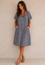Ριγέ midi φόρεμα Nautical σε navy απόχρωση, από cotton linen ύφασμα με κοντό μανίκι, τσέπες και άνετη γραμμή.