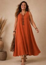 Plus size αμάνικο maxi φόρεμα Sonya σε κεραμιδί απόχρωση με loose γραμμή και πρακτικές τσέπες