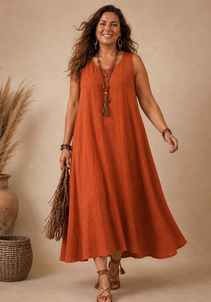 Plus size αμάνικο maxi φόρεμα Sonya σε κεραμιδί απόχρωση με loose γραμμή και πρακτικές τσέπες