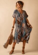 Midi φόρεμα Tropicana με abstract print σε μπλε και γήινες αποχρώσεις, oversized γραμμή