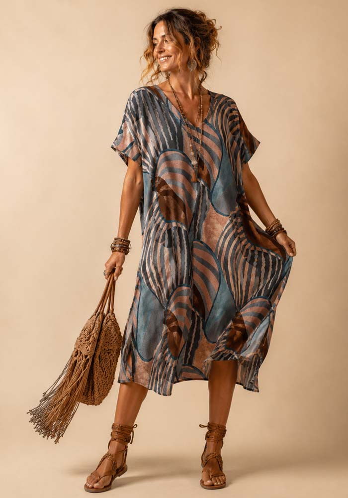 Midi φόρεμα Tropicana με abstract print σε μπλε και γήινες αποχρώσεις, oversized γραμμή