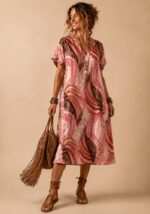 Midi φόρεμα Tropicana με abstract printσε ροζ, σομόν και κεραμιδί αποχρώσεις, oversized γραμμή