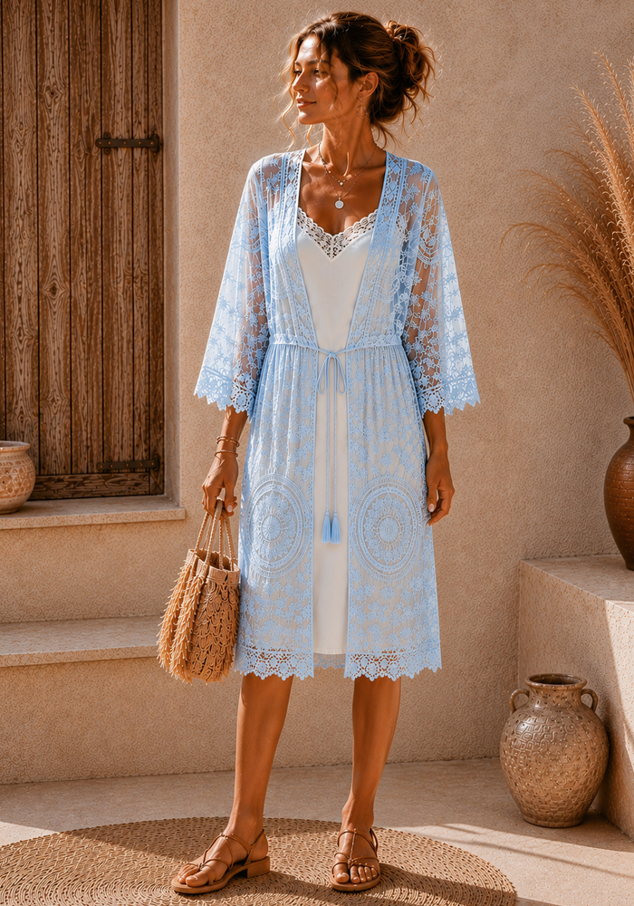bohemian tulle kimono Tulum σιέλ