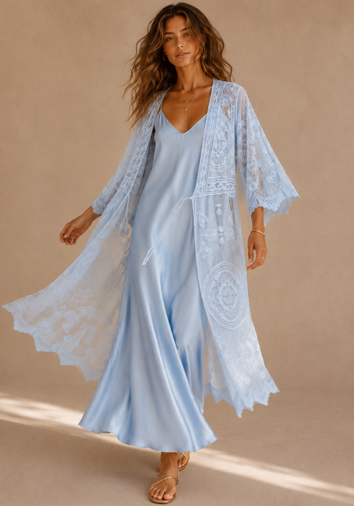 Boho δαντελένιο σιέλ κιμονό παραλίας Tulum με κέντημα, διάφανη υφή και δέσιμο μπροστά