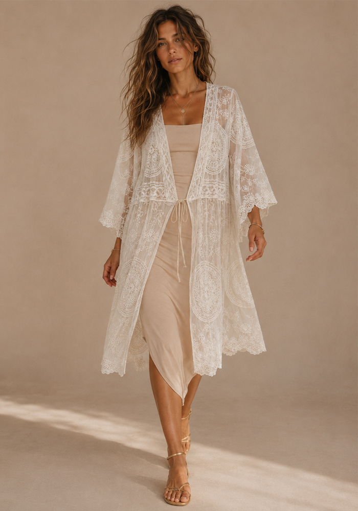 Boho δαντελένιο εκρού κιμονό παραλίαςTulum με κέντημα, διάφανη υφή και δέσιμο μπροστά