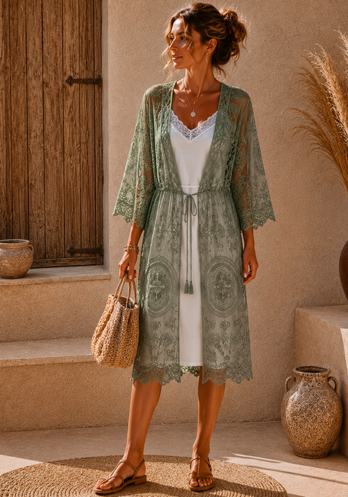 bohemian tulle kimono Tulum χακί