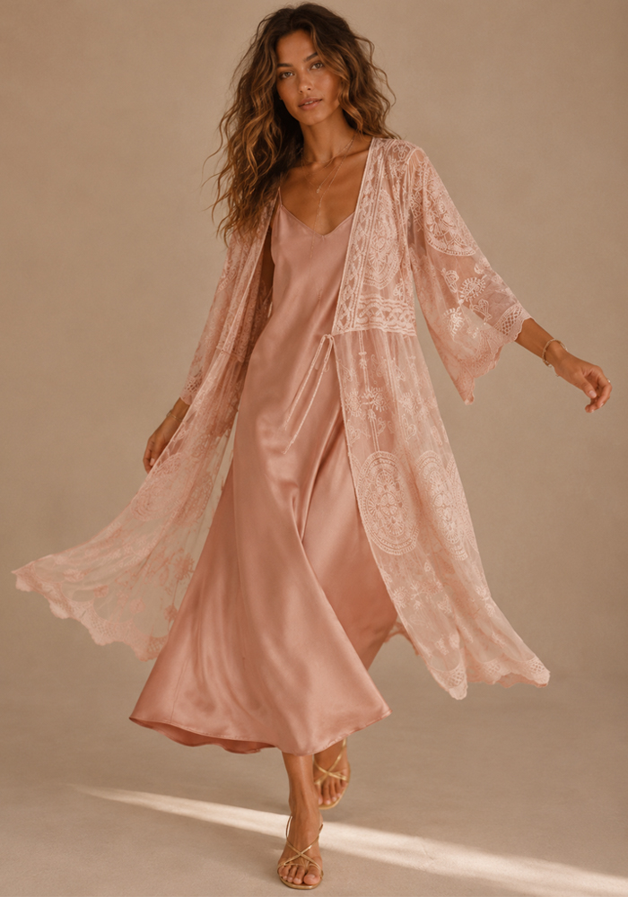 Boho δαντελένιο ροζ κιμονό παραλίαςTulum με κέντημα, διάφανη υφή και δέσιμο μπροστά