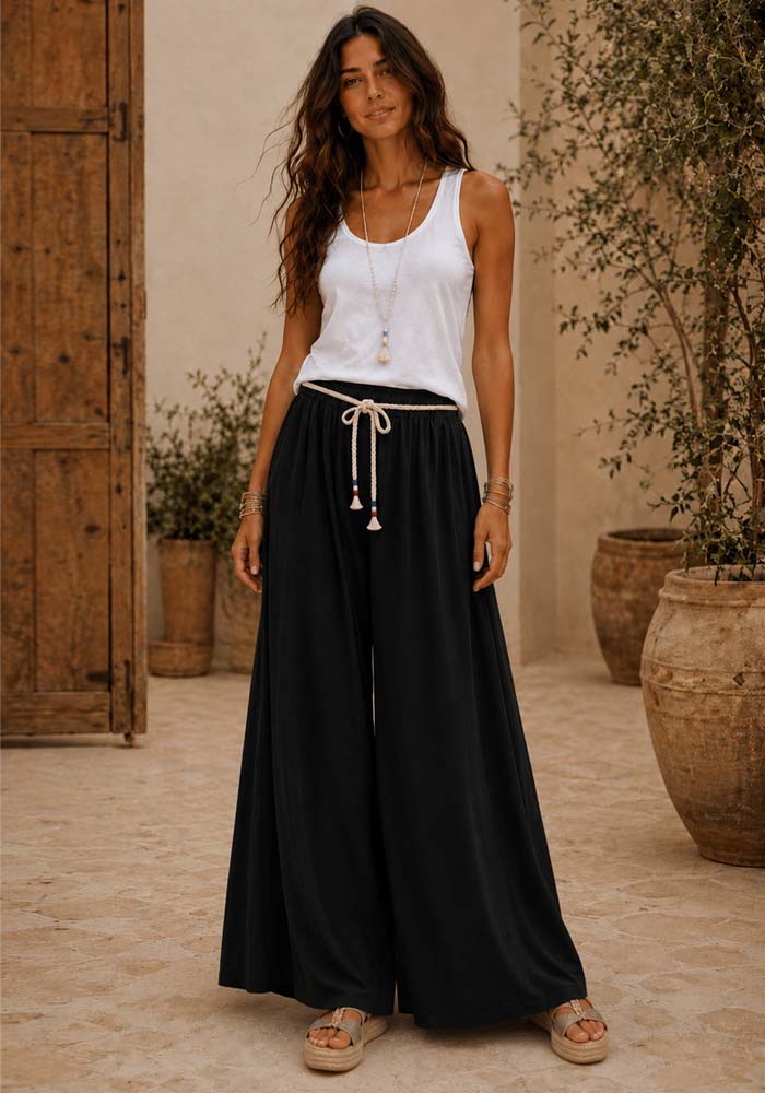 Μαύρη φαρδιά viscose παντελόνα Cool με λάστιχο και διακοσμητικό κορδόνι.