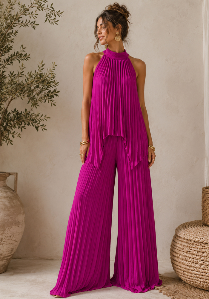 Πλισέ σετ Going out σε magenta απόχρωση με halter τοπ και φαρδιά παντελόνα.