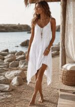 Boho λευκό δαντελένιο φόρεμα παραλίας Ischia από ελαστικό βαμβάκι με ενσωματωμένη φόδρα.