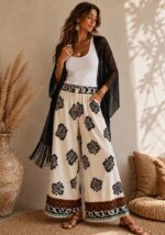 Boho palazzo παντελόνα Madeira με paisley print, ελαστική μέση, κορδόνι και πλαϊνές τσέπες